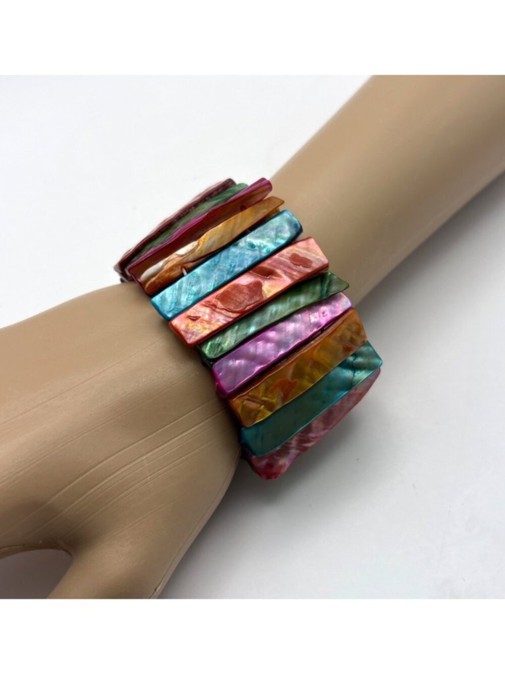 Rainbow Abalone Shell Stretch Bracelet Unique Chunky Spring Colorful